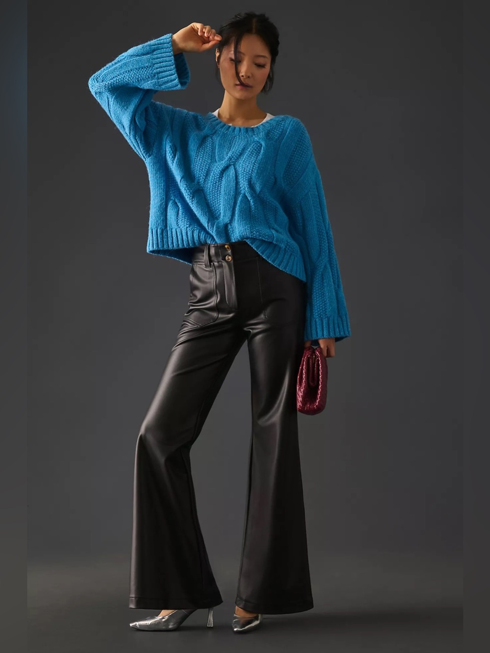 Anthropologie Maeve Naomi Vegan Leather Wide-Leg Flare Pants - Black